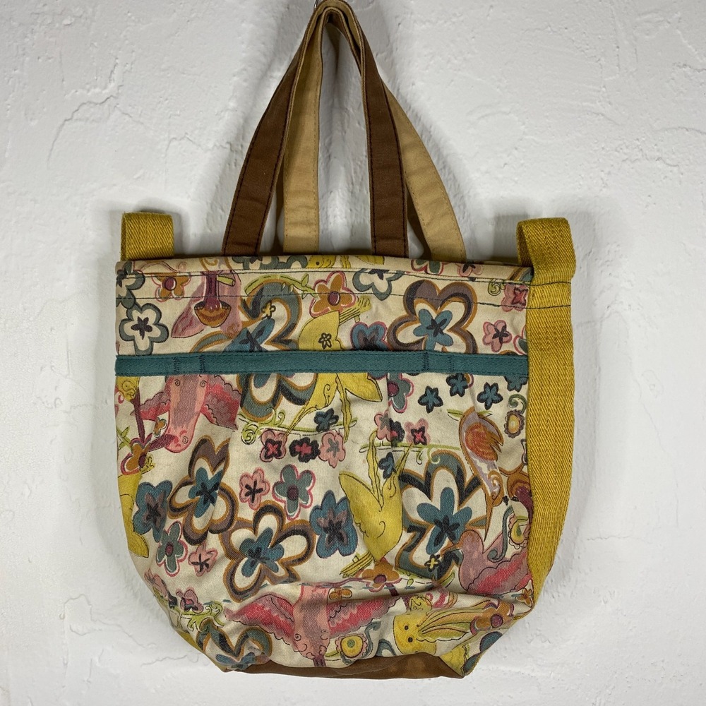Vintage Y2K Lucky Brand Bag Canvas Tote Shoulder Cotton Floral Hippie 70s Groovy